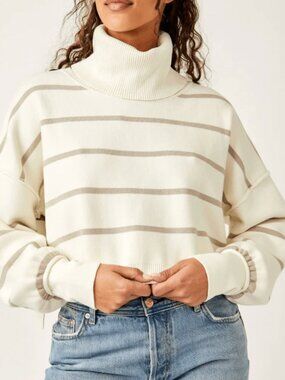 Free People "Paulie" Striped Turtleneck Sweater In Cream and Tan - Size M